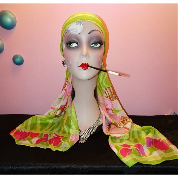 Vintage Green & Pink Floral Scarf tropical boho neck scarf pinup retro - Picture 8 of 10